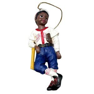 Vintage African American Baseball Player Christmas Ornament Bat & Hat Figurine
